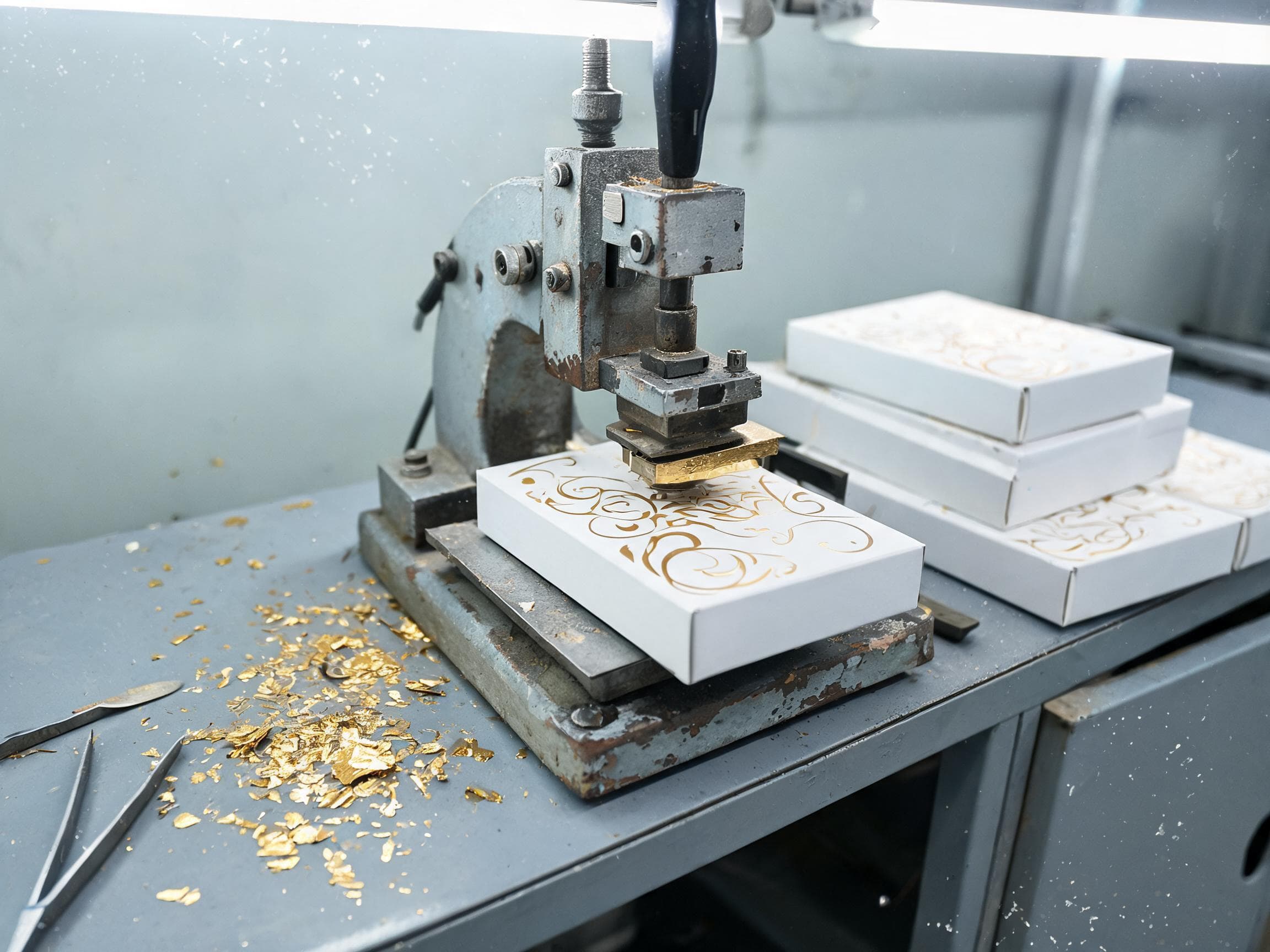 Manual hot-foil stamping press finishing white gift boxes, gold foil scraps on the workbench