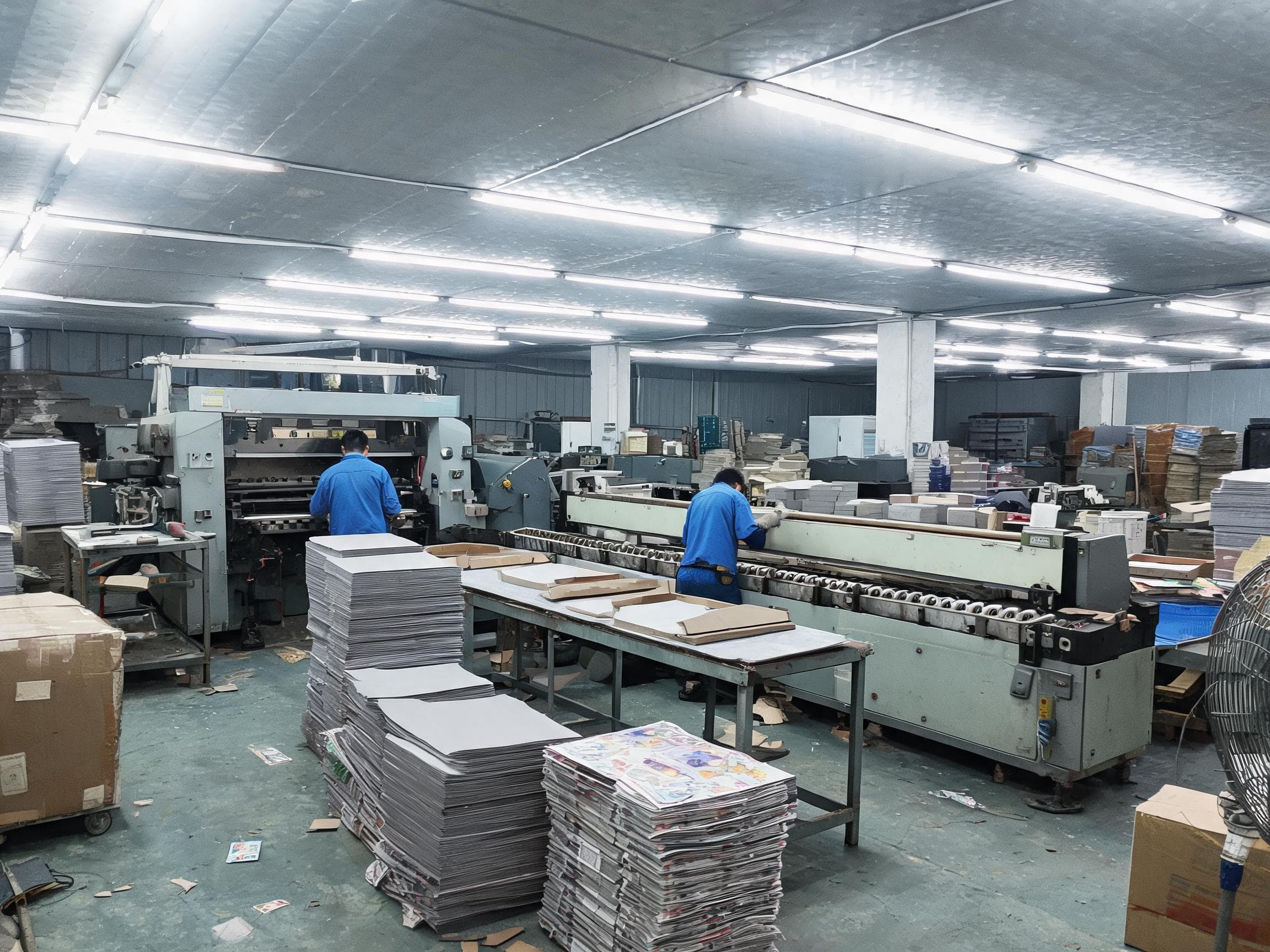Die-cutting and box-wrapping production lines inside our Yiwu packaging factory, with operators at work
