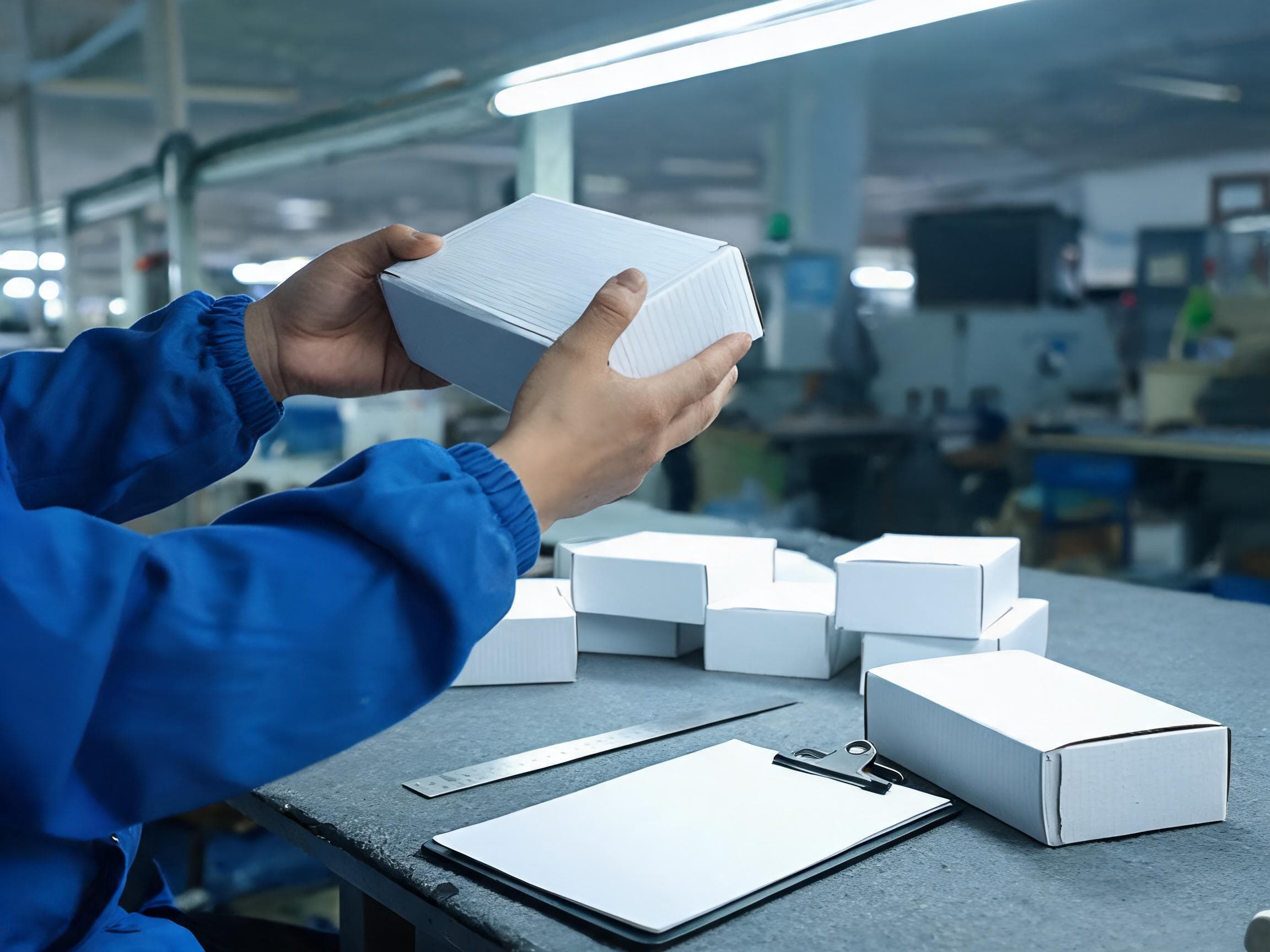 QC inspector checking a white mailer box at the inspection table in our Yiwu factory