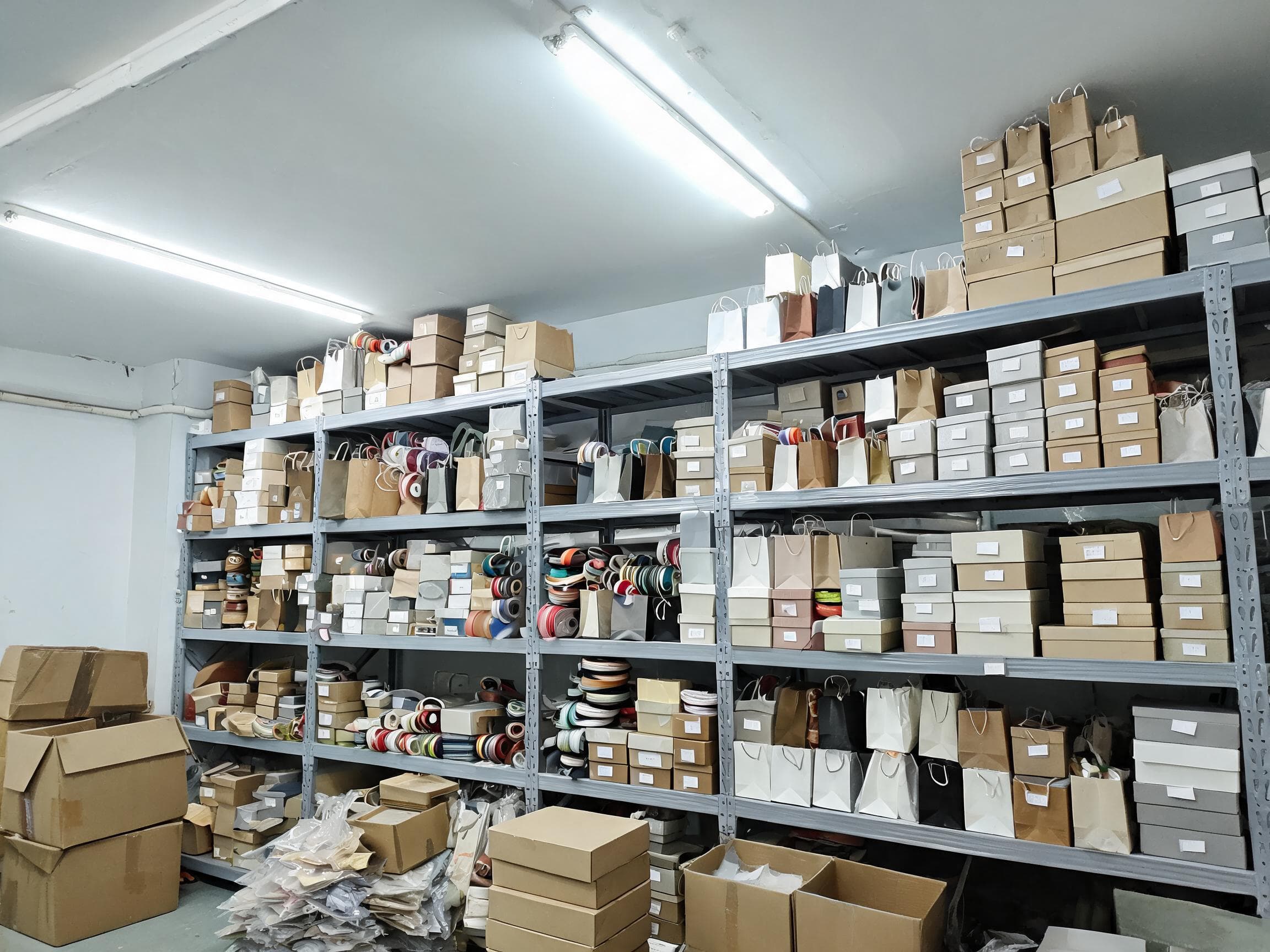 Sample room shelves in our Yiwu factory stocked with gift box, paper bag and ribbon samples
