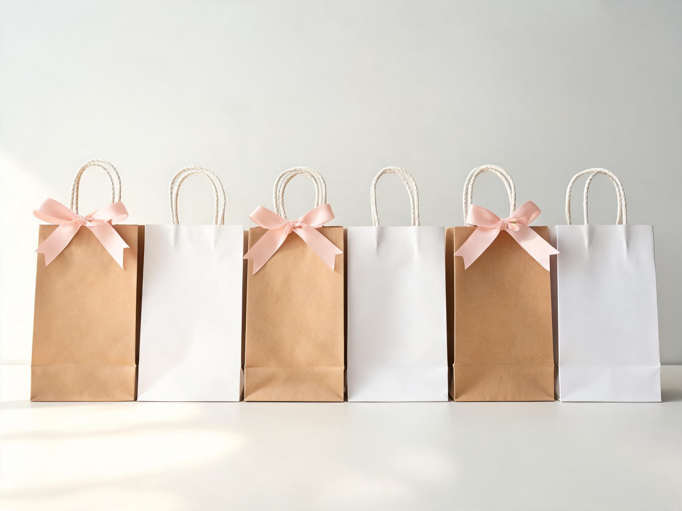 Row of kraft and white paper shopping bags with cotton rope handles and blush satin bows