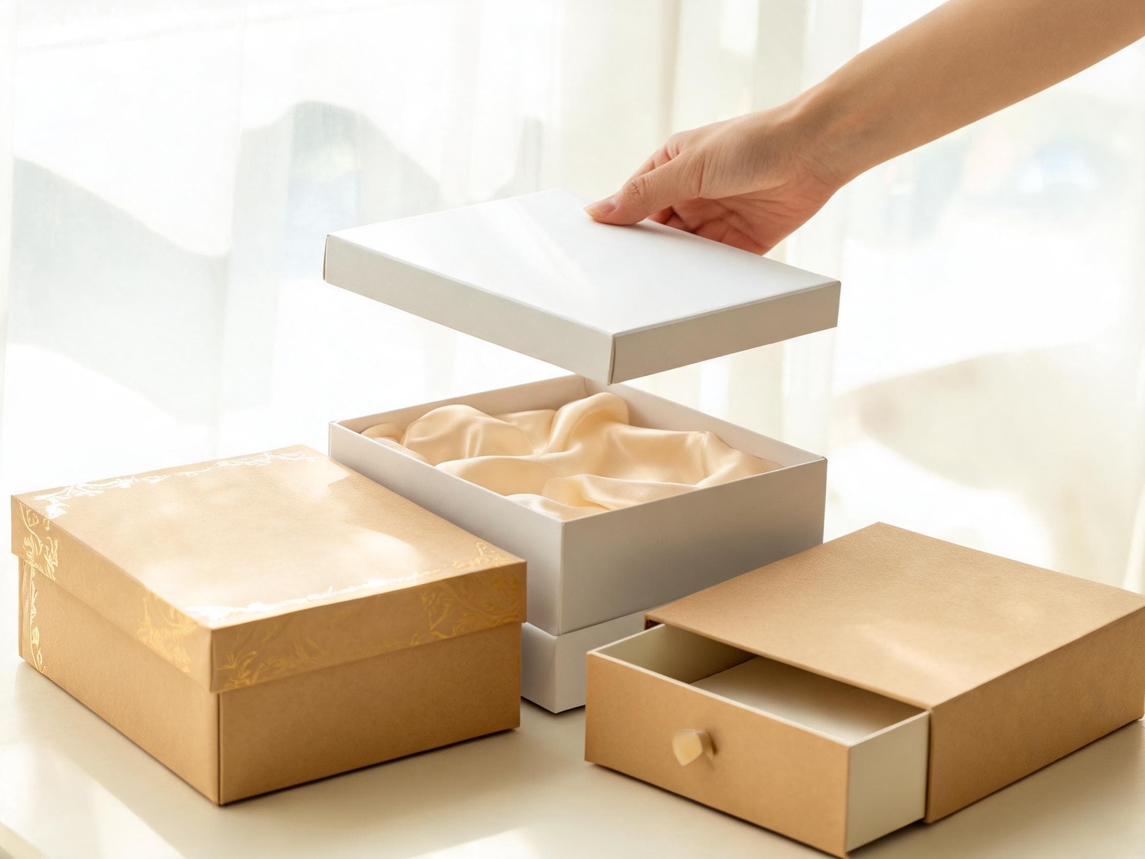 White rigid lid-and-base gift box being opened with satin lining, beside gold-foil rigid and drawer boxes