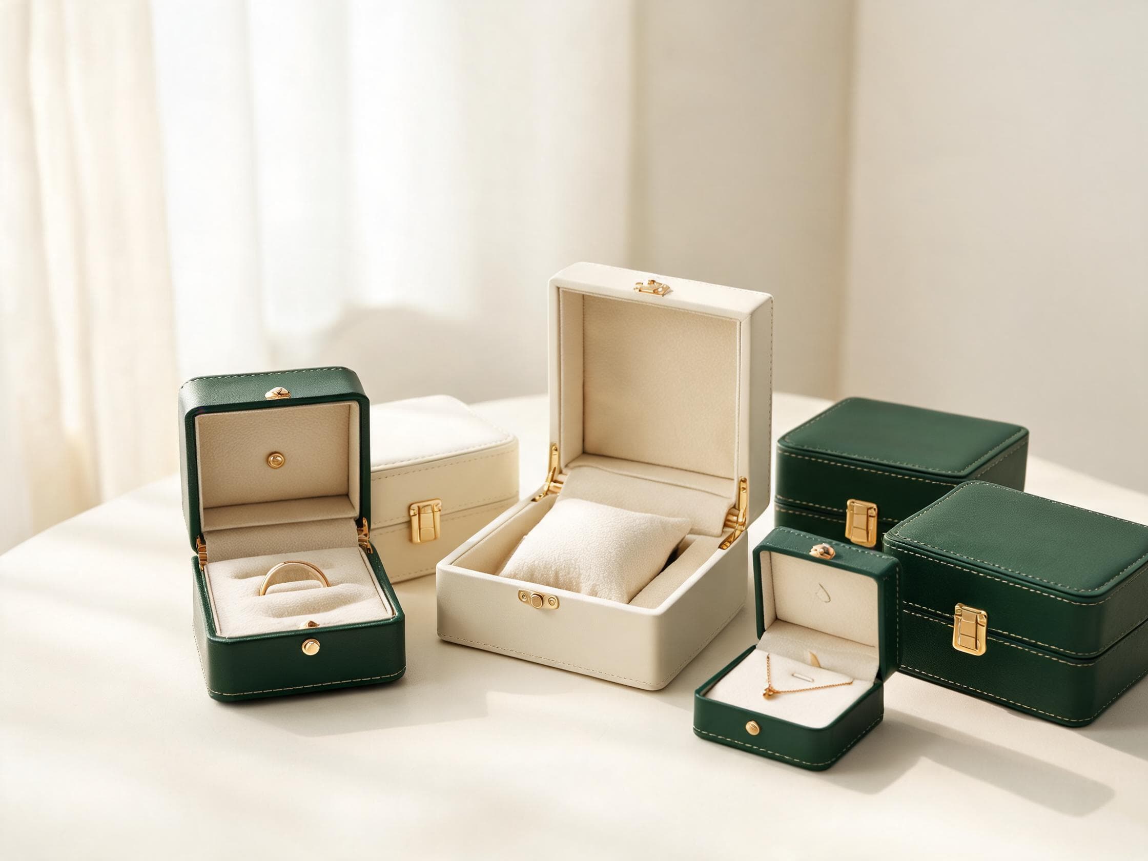Assorted custom jewelry boxes for rings, necklaces and watches with velvet-lined lids open