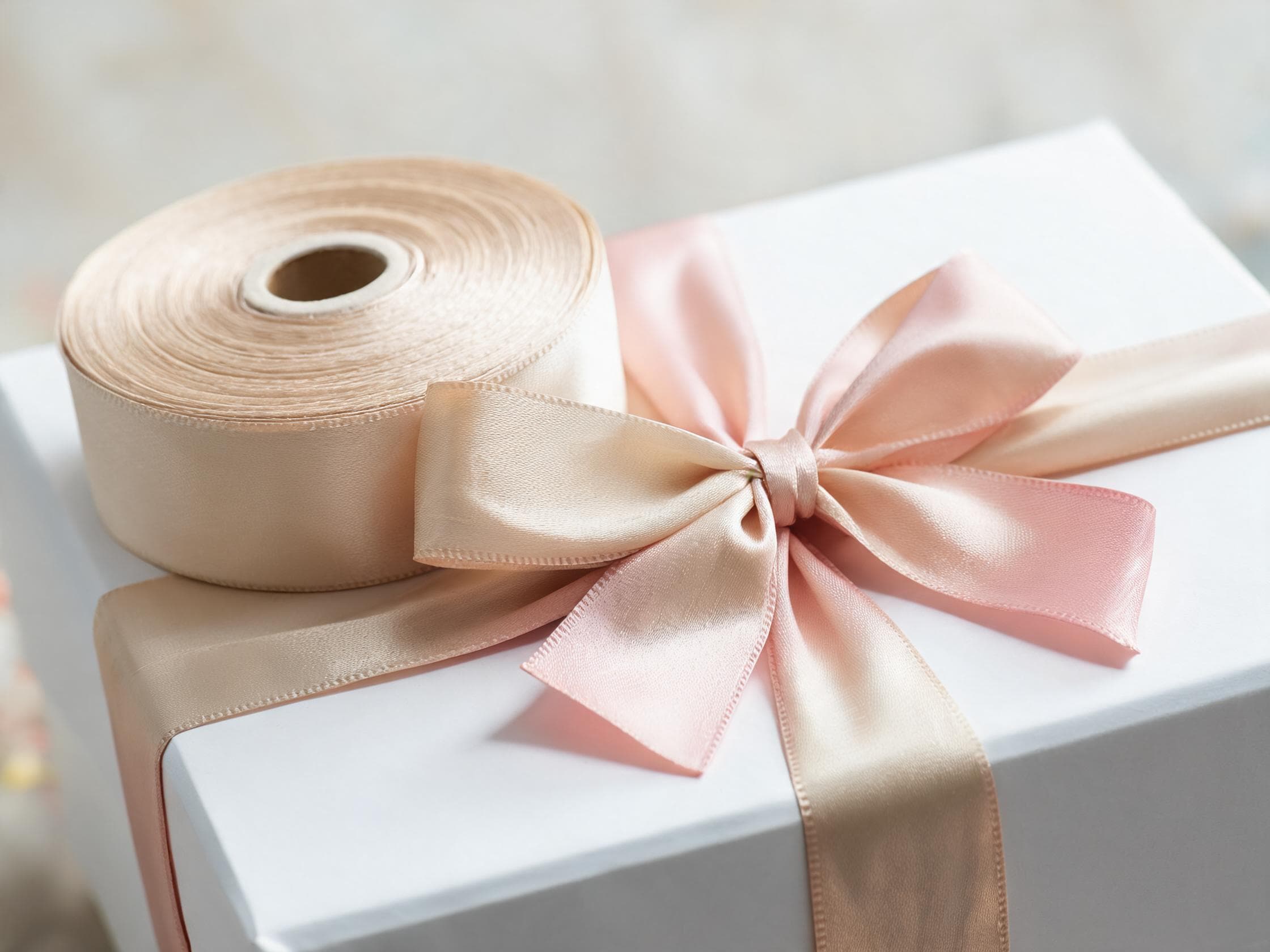 Champagne satin ribbon roll with a blush and champagne bow tied on a white gift box