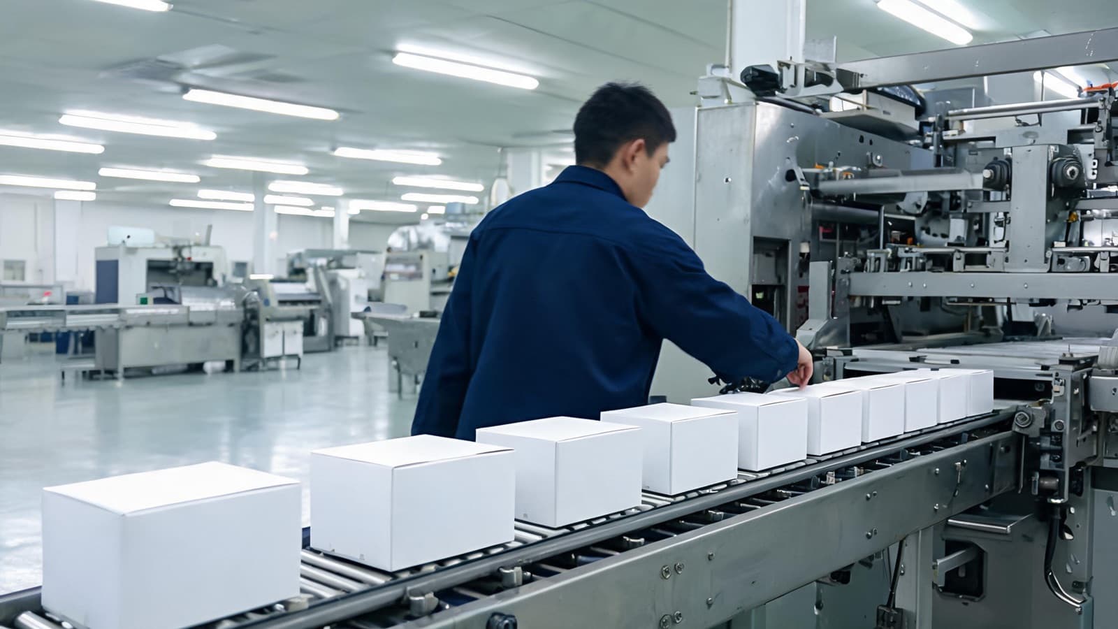 Worker feeding plain white boxes into a die-cutting and finishing line on our factory floor