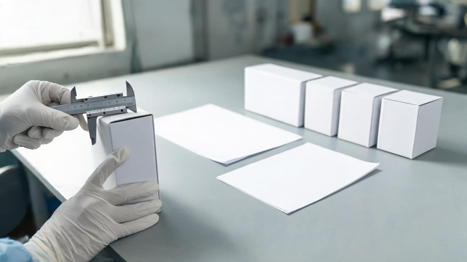 Gloved hands measuring a white box with a calliper during pre-shipment QC inspection