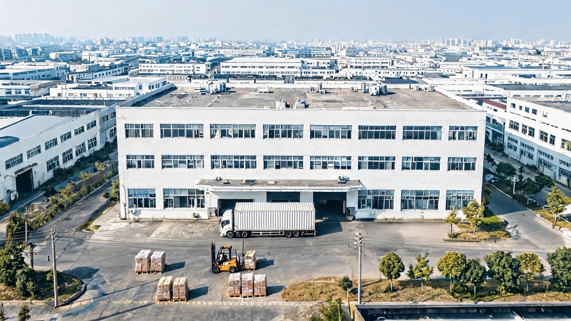 Aerial view of our own gift packaging factory: the white production building with a container truck being loaded and a forklift moving palletized cartons